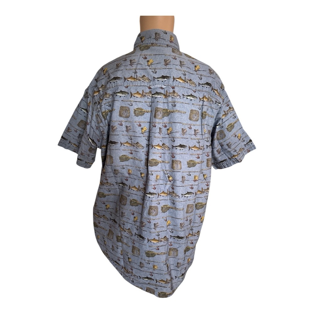 WOOLRICH John Rich Bros Men's Large Denim Fly Fishing Lure Button Up Camp Shirt‎ - Picture 2 of 11
